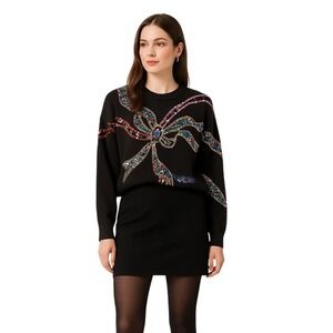 CHRISTINE GERARD 80s Glam Sequin Bow Jewel Sweater Holiday Party in Black‎ M